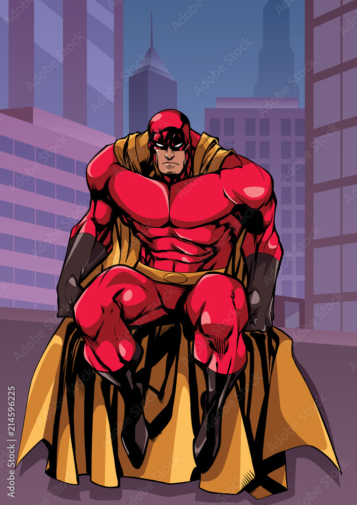 Full length illustration of powerful superhero sitting on the edge of a roof or on a wall with city background behind him. Full length illustration of powerful superhero sitting on the edge of a roof or on a wall with city background behind him.