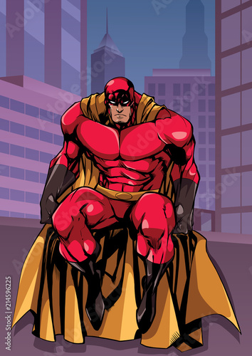 Full length illustration of powerful superhero sitting on the edge of a roof or on a wall with city background behind him.