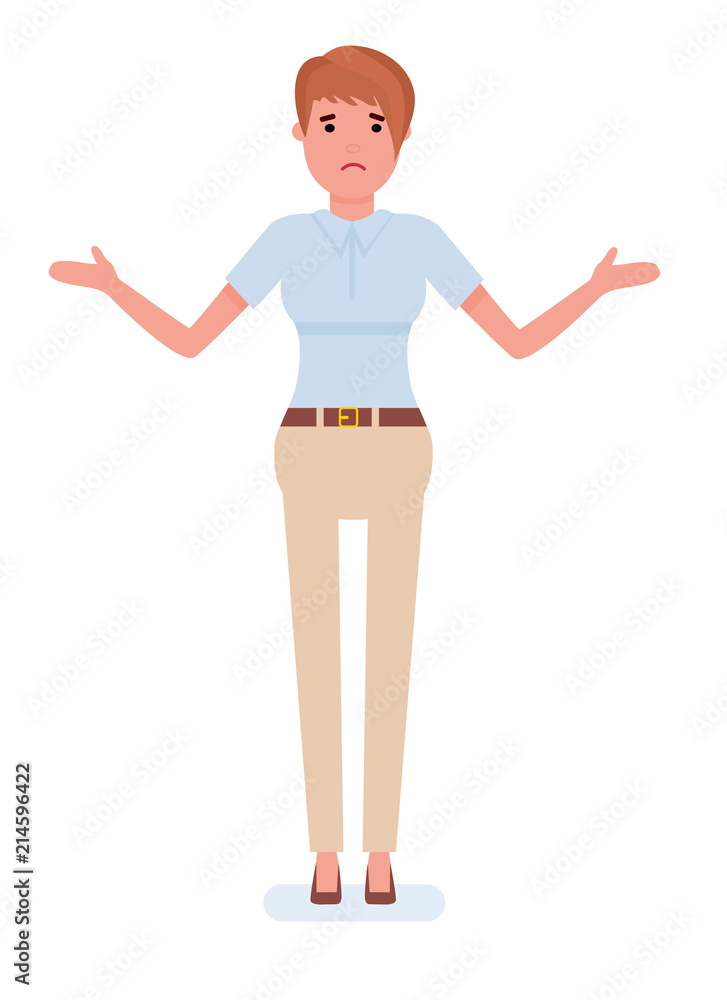 Business woman at a loss on white background cartoon flat vector illustration