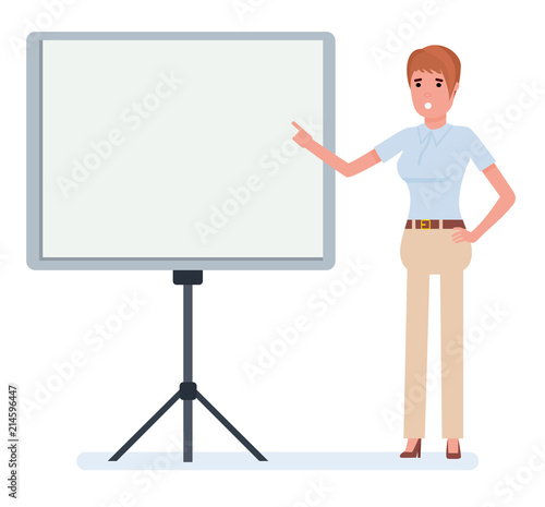Smiling businesswoman writing on flip board on white background cartoon flat vector illustration