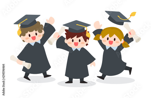 Group of Children, Boy and Girl Graduating, Graduation Ceremony Illustration