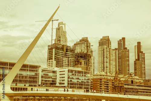 Dramatic sunset in Puerto Madero, Buenos Aires, Argentina. Vintage and yesteryear effect photo