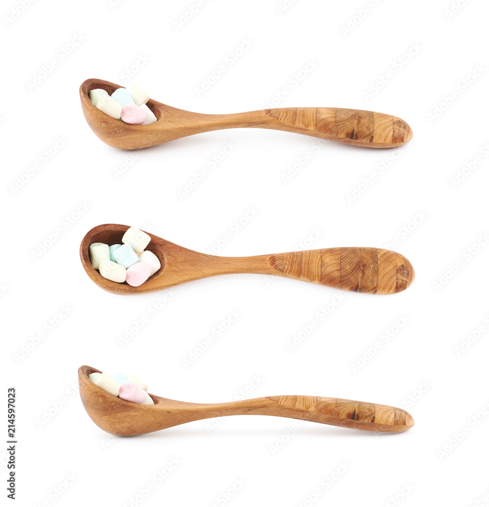 Spoon of mini marshmallows isolated Spoon of mini marshmallows isolated