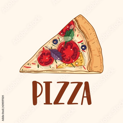 Slice or piece of appetizing delicious classical pizza isolated on light background