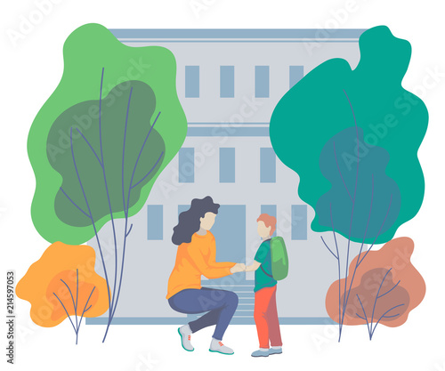 Mother talks to her son before taking him to school. Concept of parent support. Vector illustration 