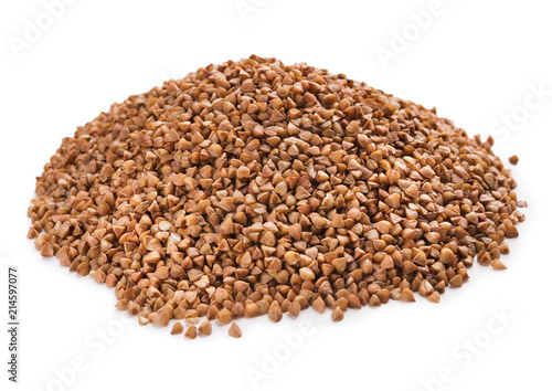 Pile of dry buckwheat isolated on white
