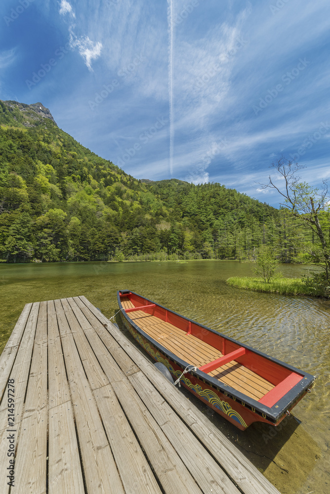 Naklejka premium Myojin pond at Hotaka Rear Shrine in Kamikochi, Nagano, Japan.
