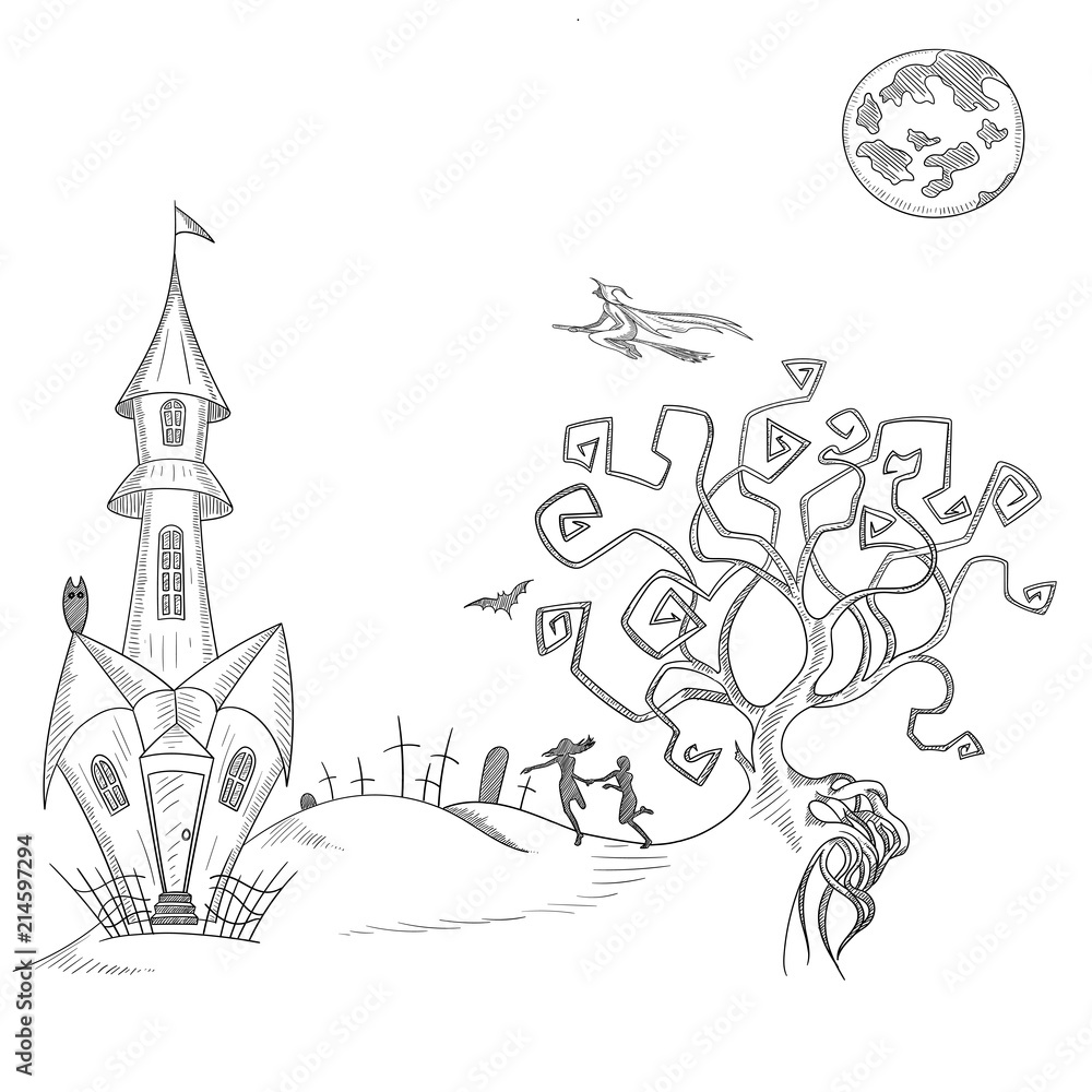 Obraz premium White background with hand-drawn Halloween decoration.