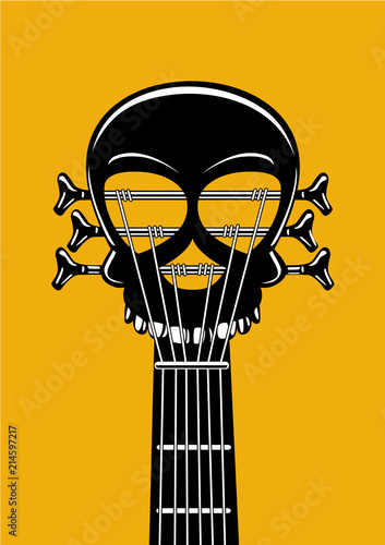 Rock and roll music poster. Guitar riff with skull. Heavy metal lable, tattoo style vector illustration.