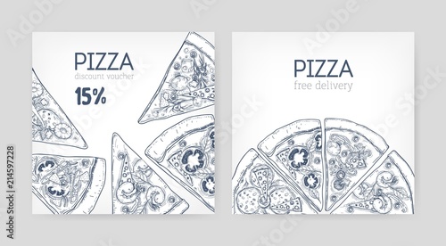 Set of square promotional coupon or discount voucher templates with pizza hand drawn with contour lines on white background. Monochrome realistic vector illustration for pizzeria, Italian restaurant.