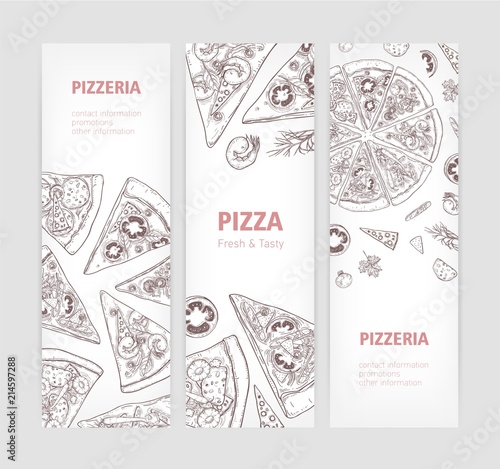 Bundle of vertical web banner templates with delicious classical pizza hand drawn with contour lines and place for text on white background. Realistic vector illustration for pizzeria or restaurant.