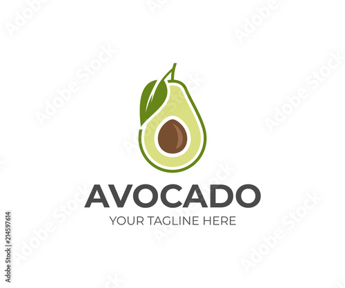 Avocado fruit logo template. Avocado half with leaf vector design. Health food logotype photo