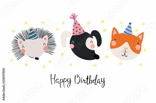 Hand drawn birthday card with cute funny dog, cat, hedgehog in party hats, stars, quote Happy birthday. Isolated objects. Scandinavian style flat design. Vector illustration. Concept for kids print.