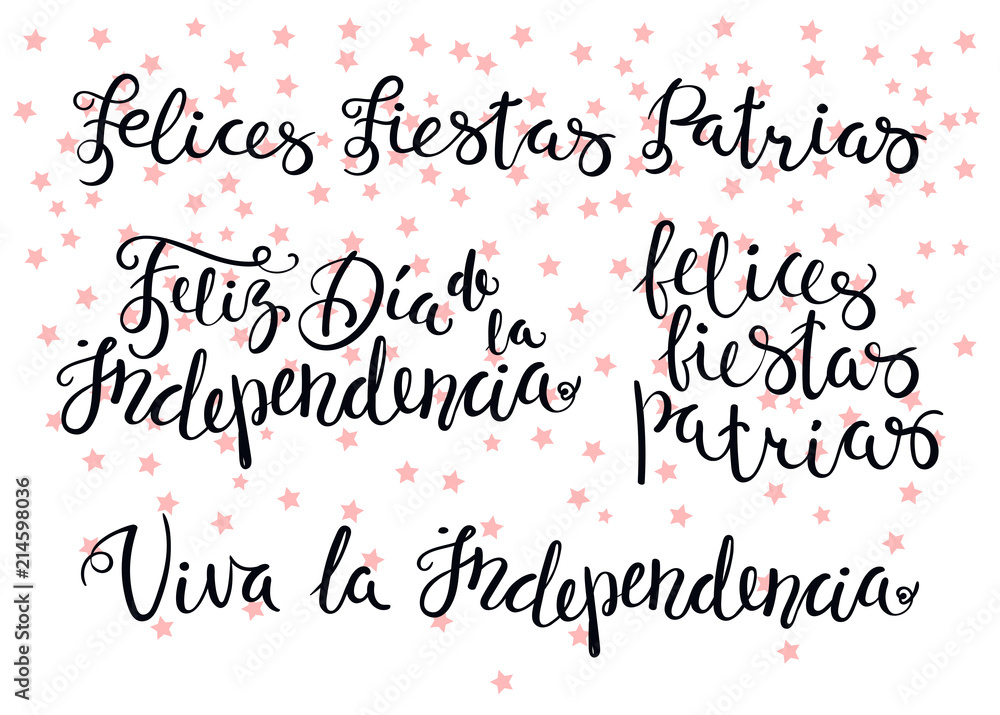 Hand written calligraphic Portuguese Spanish quotes for patriotic holidays with falling stars. Isolated objects. Vector illustration. Design concept for independence day celebration, greeting card.
