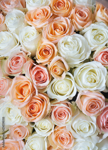 Stylish photo of light pink and white roses background, beautiful flowers bouquet.