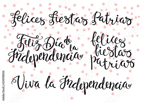 Hand written calligraphic Portuguese Spanish quotes for patriotic holidays with falling stars. Isolated objects. Vector illustration. Design concept for independence day celebration  greeting card.