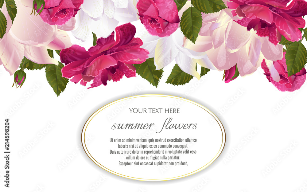 Template for greeting cards, wedding decorations, invitation,sales. Vector banner with Luxurious tulips and roses flowers. Spring or summer design.