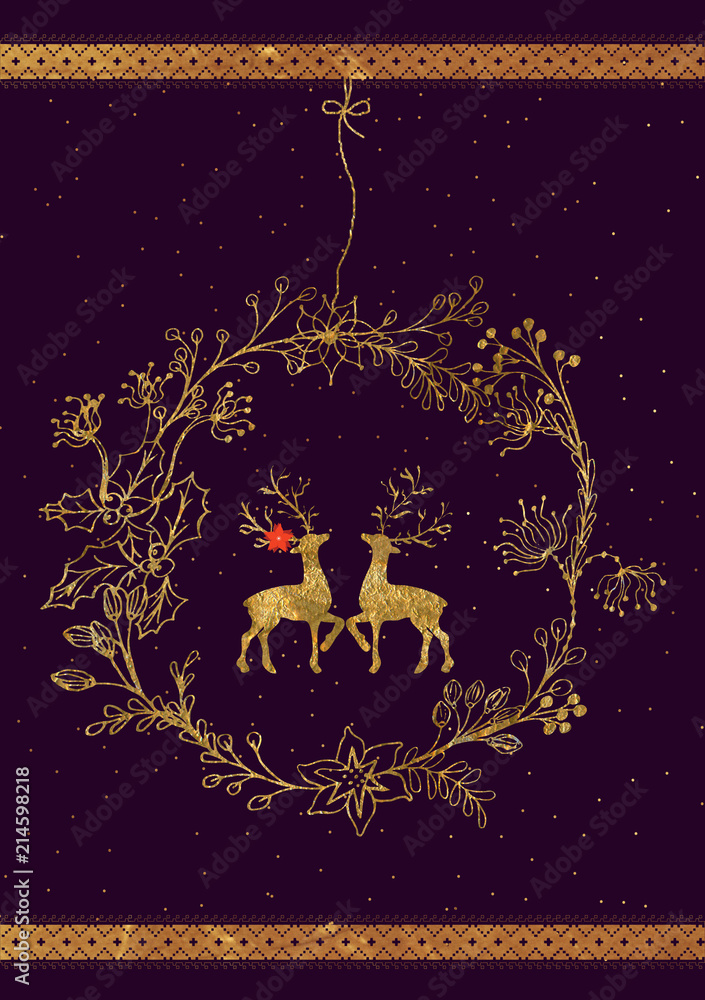 Ultraviolet and gold greeting card with hand-drawn reindeer and wreath.