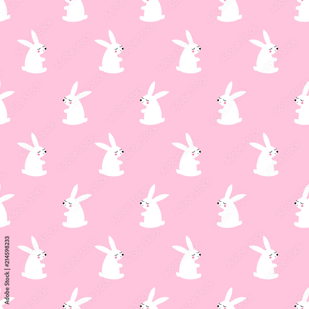 Cute white bunny seamless pattern on pink background. Baby animal