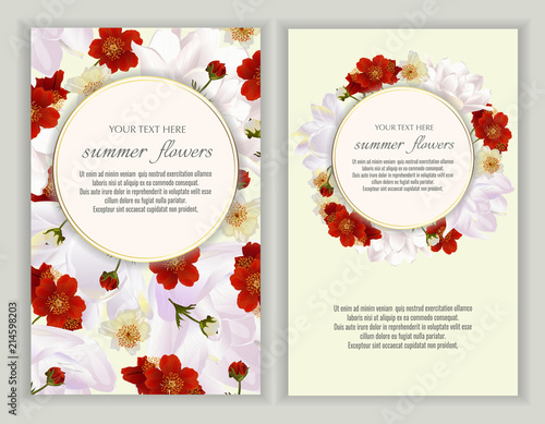 Vector banners set with summer flowers.Template for greeting cards, wedding decorations, invitation ,sales. Spring or summer design. Place for text.