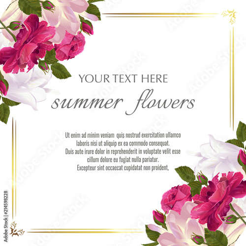 Template for greeting cards, wedding decorations, invitation,sales. Vector banner with Luxurious tulips and roses flowers. Spring or summer design.