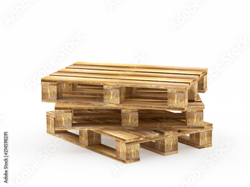 A stack of brown wooden pallets isolated on a white background. 3D illustration
