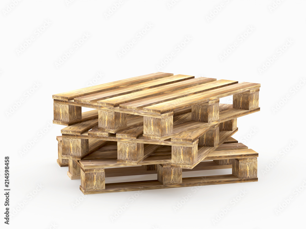 A stack of brown wooden pallets isolated on a white background. 3D illustration A stack of brown wooden pallets isolated on a white background. 3D illustration