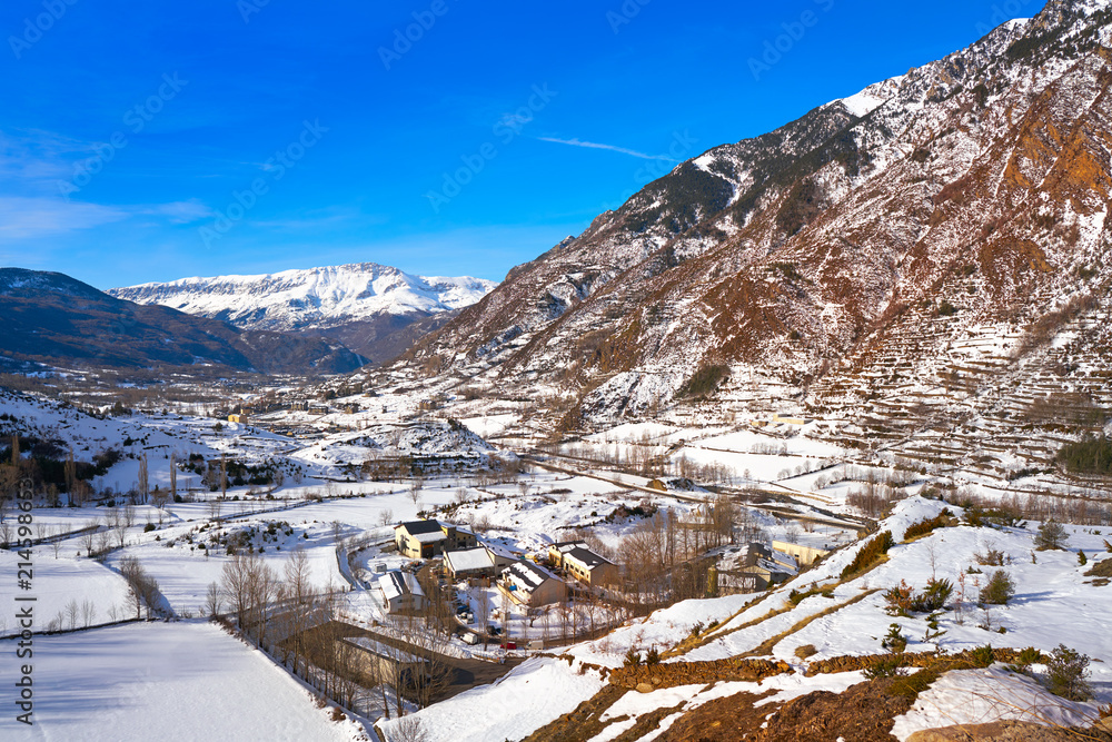 Benasque village aerial in Huesca Pyrenees Spain
