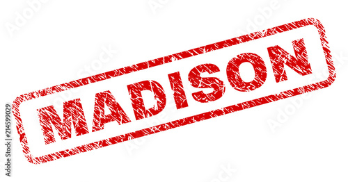 MADISON stamp seal print with grunge style. Red vector rubber print of MADISON label with unclean texture. Text caption is placed inside rounded rectangle frame.