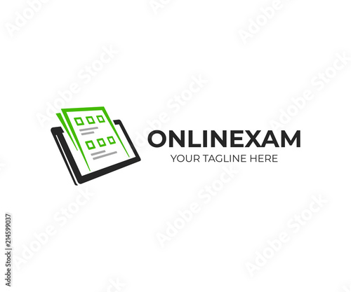 Exam paper and tablet logo template. Online exam vector design. Survey form on tablet logotype