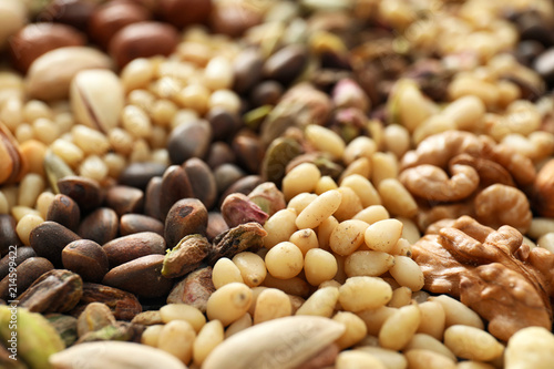 Variety of tasty fresh nuts, closeup