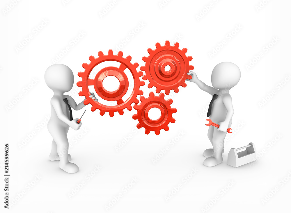 3d small people with red gears and tools. 3d small people with red gears and tools.