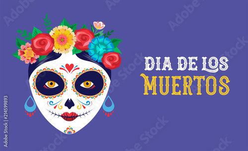 Dia de los muertos, Day of the dead, Mexican holiday, festival. Poster, banner and card with make up of sugar skull, woman and man