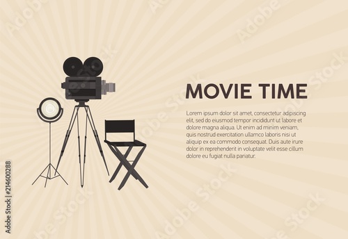 Horizontal poster template for movie festival with retro film camera standing on tripod, studio lamp, director chair and place for text on light background