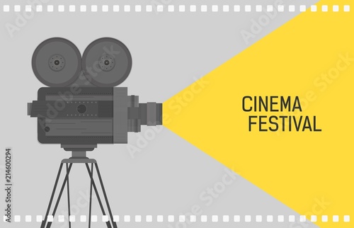 Horizontal background for cinema festival with retro camera or movie projector standing on tripod and film perforation border. Colorful flat vector illustration for event promotion, advertisement.