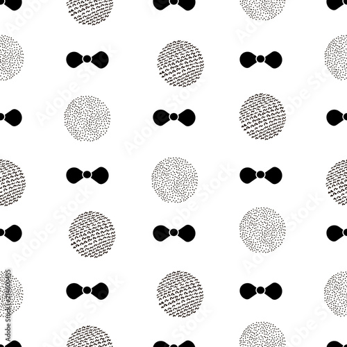Seamless pattern with black bow tie and circles on the white background