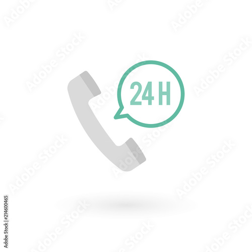 Telephone receiver and "24 hours" icon. Concept of 24/7, open 24 hours, contact, customer service, open around the clock, call center, open everyday.  Vector illustration, flat design