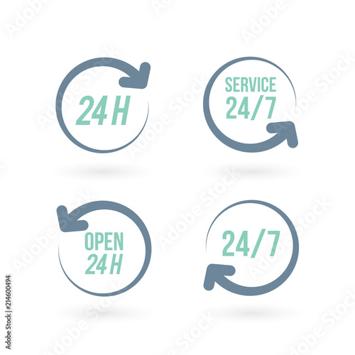 "24 hours" icon set. Concept of 24/7, open 24 hours, customer service, open around the clock, call center, open everyday.  Vector illustration, flat design