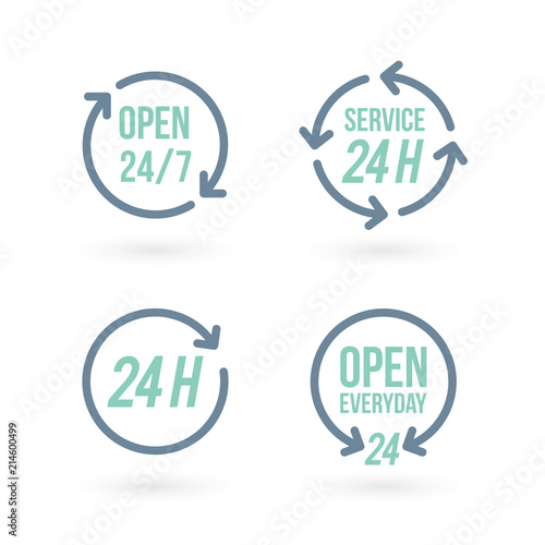 "24 hours" icon set. Concept of 24/7, open 24 hours, customer service, open around the clock, call center, open everyday.  Vector illustration, flat design
