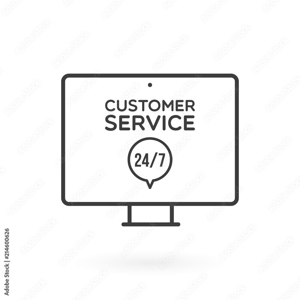 Desktop computer customer service 24/7 illustration. Concept of 24/7, open 24 hours, support, assistance, contact, customer service. Vector illustration, flat design Desktop computer customer service 24/7 illustration. Concept of 24/7, open 24 hours, support, assistance, contact, customer service. Vector illustration, flat design