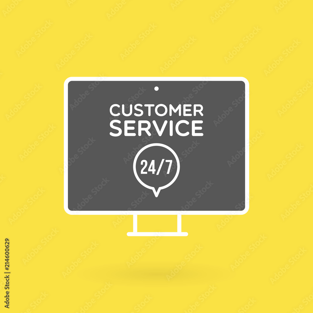 Desktop computer customer service 24/7 illustration. Concept of 24/7, open 24 hours, support, assistance, contact, customer service. Vector illustration, flat design Desktop computer customer service 24/7 illustration. Concept of 24/7, open 24 hours, support, assistance, contact, customer service. Vector illustration, flat design