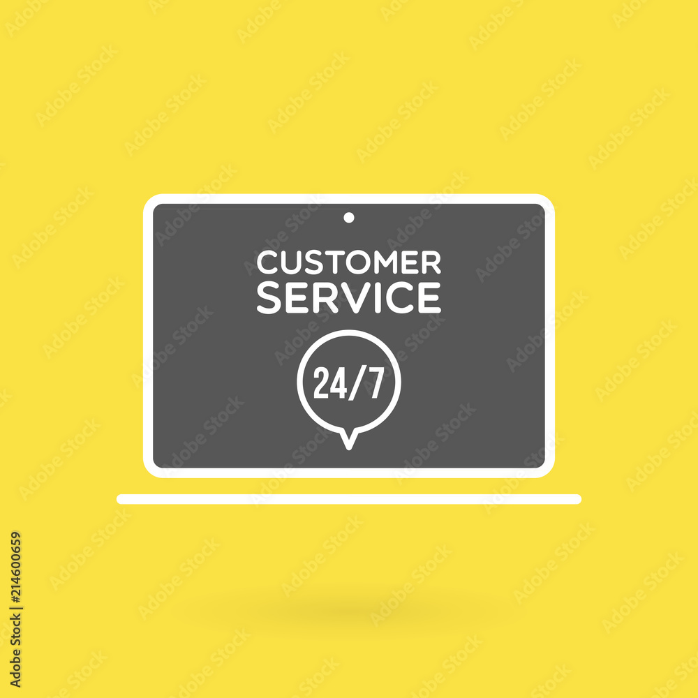 Laptop customer service 24/7 illustration. Concept of 24/7, open 24 hours, support, assistance, contact, customer service. Vector illustration, flat design Laptop customer service 24/7 illustration. Concept of 24/7, open 24 hours, support, assistance, contact, customer service. Vector illustration, flat design