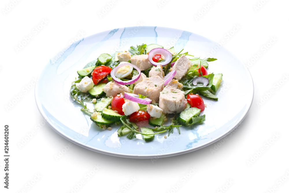 Plate with delicious chicken salad on white background Plate with delicious chicken salad on white background