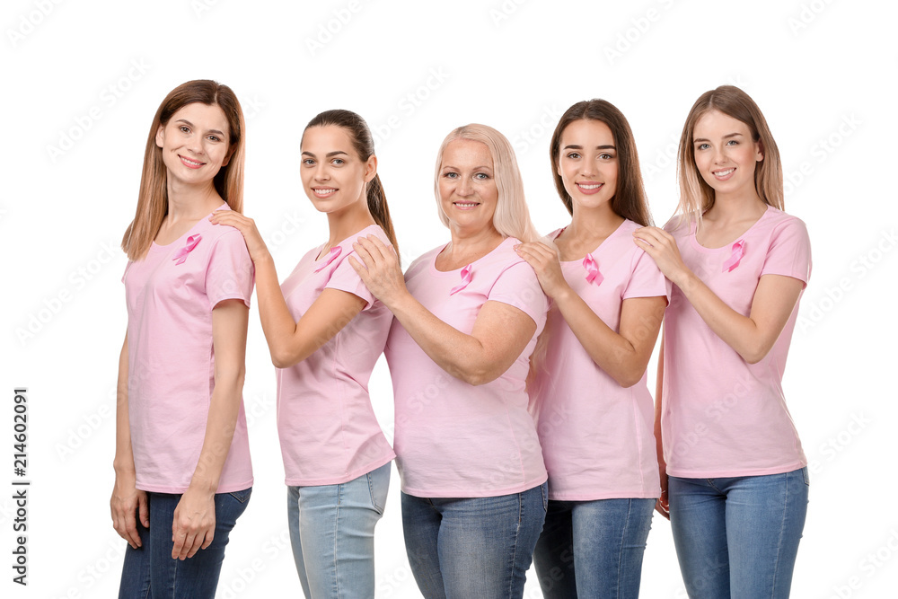 Beautiful women of different ages with pink ribbons on white background. Breast cancer concept Beautiful women of different ages with pink ribbons on white background. Breast cancer concept