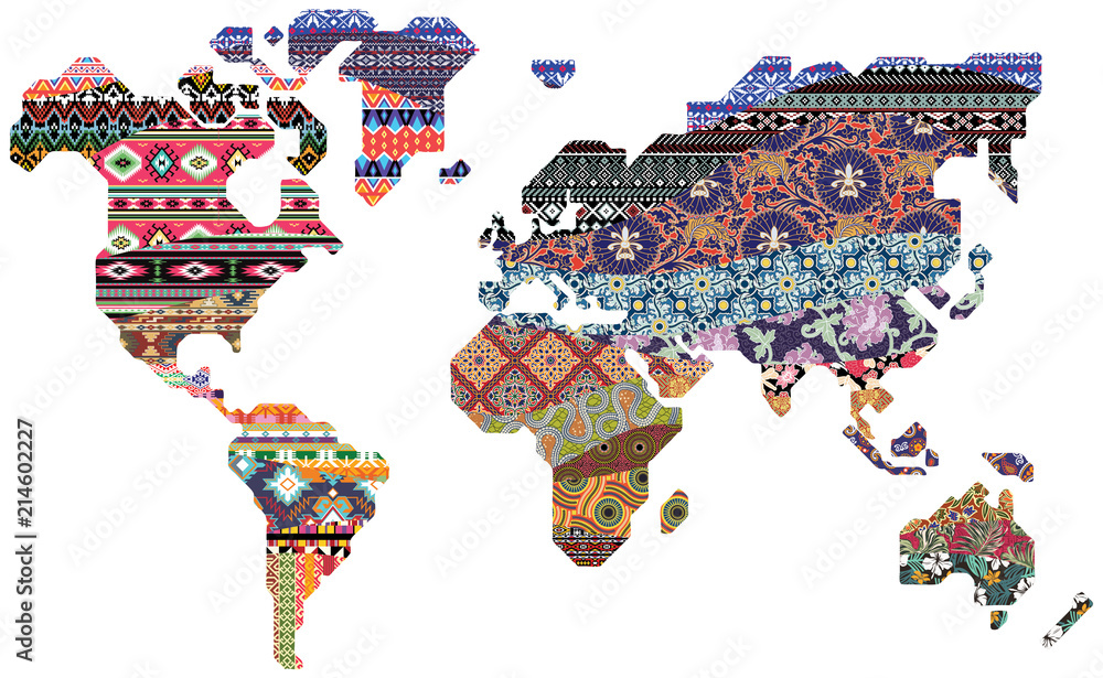 Abstract world map with traditional vector fabric pattern patchwork texture - obrazy, fototapety, plakaty 