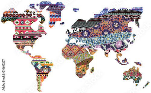 Abstract world map with traditional vector fabric pattern patchwork texture