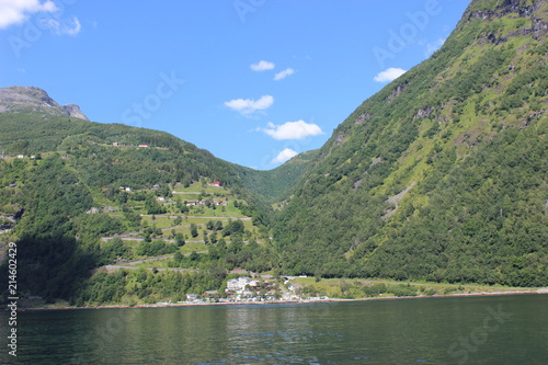 Mountain view of Örnesvingen near the village of Geiranger, Norway. Surrounded by the Geirangerfjord and mountains.