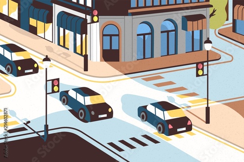 Cityscape with cars driving along road, beautiful buildings, crossroad with t...