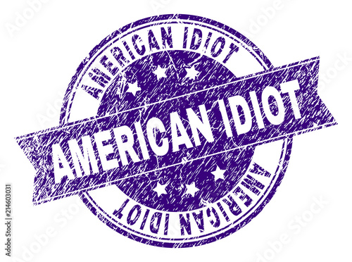AMERICAN IDIOT stamp seal watermark with grunge texture. Designed with ribbon and circles. Violet vector rubber print of AMERICAN IDIOT label with dirty texture.