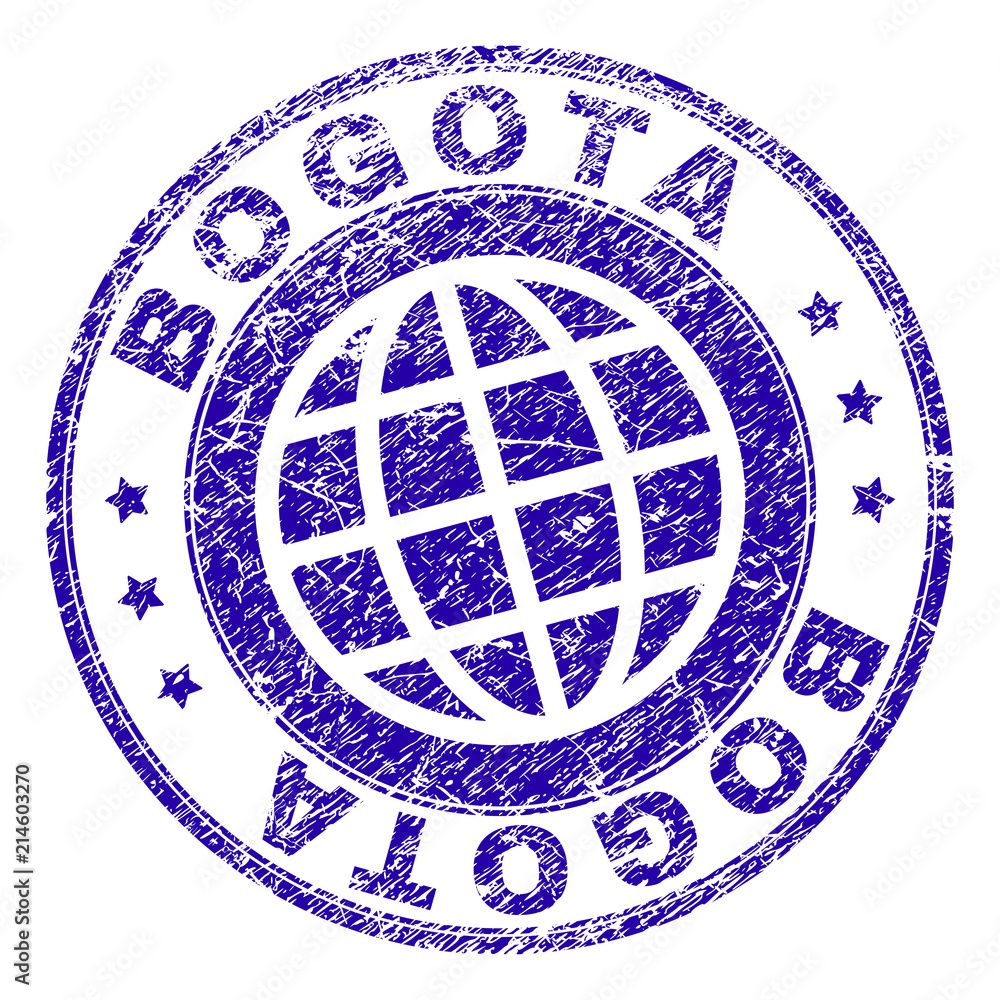 BOGOTA stamp print with grunge texture. Blue vector rubber seal print of BOGOTA label with scratched texture. Seal has words placed by circle and globe symbol.